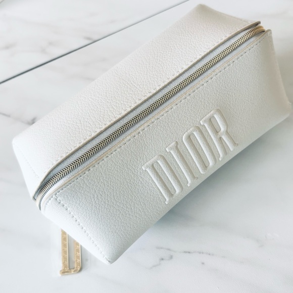 DIOR White Faux Leather Cosmetic Pouch Makeup Bag Case Embossed Logo New - Picture 3 of 16